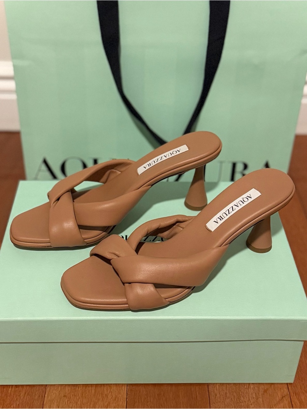AQUAZZURA Amore 75mm Tan Leather Mule, Size 39